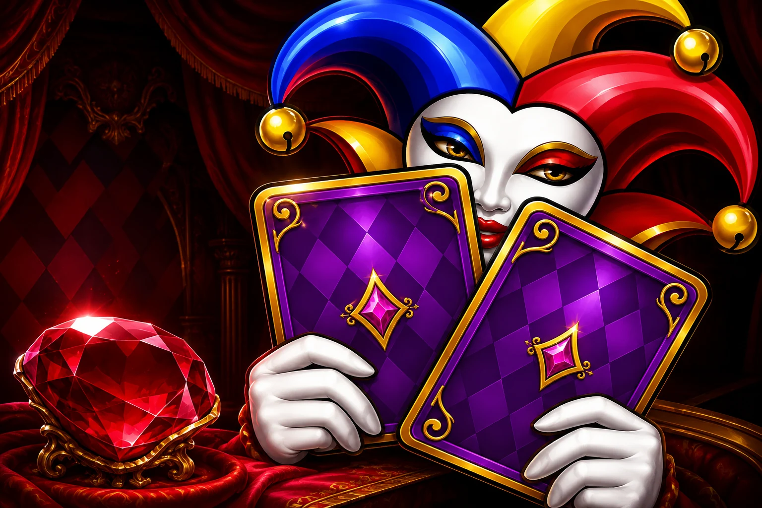Escena ilustrada original del Joker y sus símbolos; no es una partida